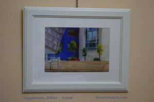 Guggenheim Bilboa Spain Pastel Painting of architecture at museum entrance framed with white mat and white frame
