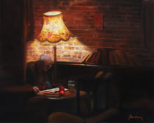 Load image into Gallery viewer, London Pub, a painting print of a solitary older man sitting alone reading a newspaper under the focused light of a floral lamp.  Books are along the brick wall adding a coziness to this reading scene at night
