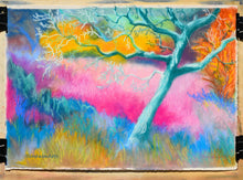 Load image into Gallery viewer, The original pastel painting or drawing on Italian paper is called Mystic Olive Grove in Tuscany, Italy.  The artwork features vibrant surrealistic exaggerated colors not reminiscent in nature.  Enjoy this creation by artist Kelly Borsheim
