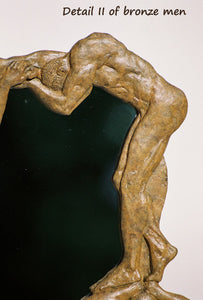 Detail profile of dancer leaning forwards with head behind his arm lovely legs in profile Opaque Tan Patina Oh Boy! Bronze Mirror of Nude Men