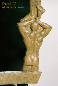Detail of strong man back view fists on head holding the figure above him, Opaque Tan Patina Oh Boy! Bronze Mirror of Nude Men