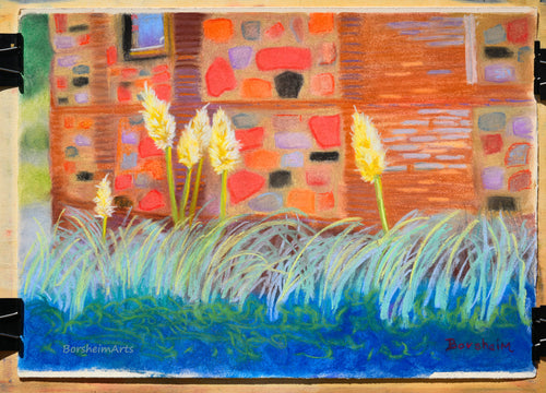 Original pastel painting titled Pampas Grass in from of a Medieval Stone and brick house in Tuscany, Italy.  The colors are surreal and very intense colors.  Artwork on Italian paper and was painting by artist Kelly Borsheim