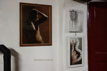 Load image into Gallery viewer, Ready to hang is the small framed print of Piano Keys, with male dancer reaching for the stars.  shown here with other paintings, next to a burgundy door for size comparisons.  Art by Kelly Borsheim, and Dragana Adamov
