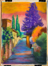 Laden Sie das Bild in den Galerie-Viewer, Settignano Purple Tree on a Tuscan road in Italy, I wanted to play with colors and thus, you see a large tree painted purple with a surrealistic colored yellow, orange and pink sky, contrasting with greens and turquoise accents. This is a fun and colorful scene in Tuscany that is different from most other artworks.

