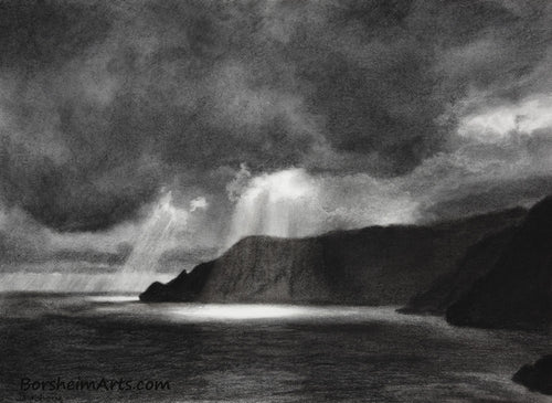 Spotlight Dramatic Lighting of Sun through Clouds Rugged Coastline Sun and Sea Water of Cinque Terre Italy Black and White Original Drawing