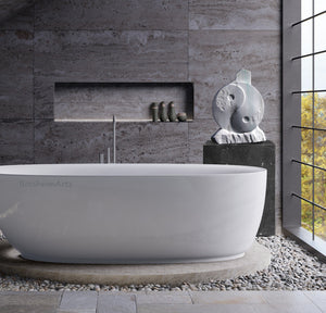 Mock-up of marble sculpture Yin Yang in an elegant  bathroom with grey stone tile, making a lovely background for a white marble sculpture by Kelly Borsheim