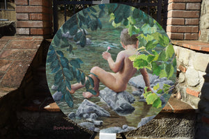 landscape with child looking into river round painting on wood, ready to hang