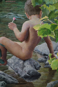 Detail of oil painting landscape with child looking into river round painting on wood, ready to hang