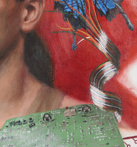 Detail of mixed media painting technology represented by a UPC code and a circuit board with wires twirling up past his head, to fly with butterflies.