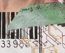 Load image into Gallery viewer, Framed on an easel for exhibit, this mixed media pPainting detail of escaping technology (represented by a UPC code and a circuit board with wires twirling up past his head
