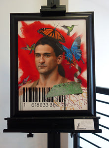 Framed on an easel for exhibit, this mixed media painting features a dazed man dreams of escaping technology (represented by a UPC code and a circuit board with wires twirling up past his head) to fly with hummingbirds and butterflies.  