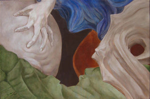 painting of sea shapes and a woman's hand, in monochromatic colors then other shapes are glazed with green, blue, and rust or rootbeer color, fun and different painting, Italy inspired