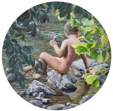 Load image into Gallery viewer, Lollipop Painting of Boy Child Innocence Looking Into River Natural In Nature Painting on 30 inch round thick maple wood panel
