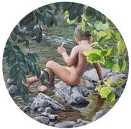 Lollipop Painting of Boy Looking Into River Curiosity for something down in the water Nature Painting on 30 inch round thick maple wood panel