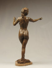 Laden Sie das Bild in den Galerie-Viewer, Nude Back View Brown Granite-Like Patina - Sirenetta Little Mermaid Bronze Statue of Nude Woman Standing Dancing Arm Outstretched Sculpture
