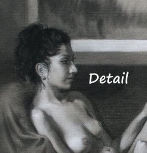Details of nude woman daydreaming charcoal drawing original art from live model