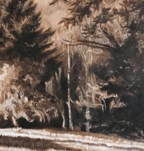 Load image into Gallery viewer, Enchanted Afternoon monochromatic landscape oil painting detail.... pine trees with olive tree
