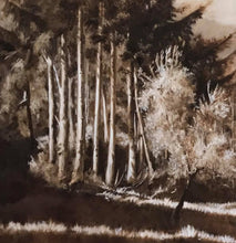 Load image into Gallery viewer, Enchanted Afternoon monochromatic landscape oil painting detail.... pine trees with olive tree

