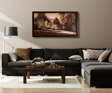 Laden Sie das Bild in den Galerie-Viewer, monochromatic brown landscape painting in living room with dark grey couch and wooden coffee table... art for the home
