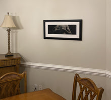 Laden Sie das Bild in den Galerie-Viewer, Add elegance to any room with Entwined, framed charcoal drawing of man with interlaced fingers, as it might look in a dining room as home decor art
