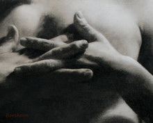 Load image into Gallery viewer, Detail of Entwined Fingers Man Chest Nude Entwined Interlaced Fingers Hands on Nude Man&#39;s Chest Charcoal drawing Black and White Grey Paper Framed Original Art Meditative Love Art
