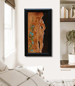 Florentia classical painting of allegory female nude statue in the Palazzo Pitti with Florentine calligraphy fine art figurative oil painting framed in a bedroom mockup.  Frame included