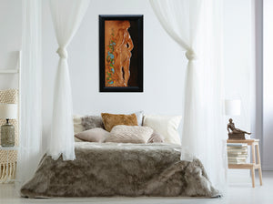 lovely neutral bedroom decor to help you relax and contemplate . . . Florentia classical painting of allegory female nude statue in the Palazzo Pitti with Florentine calligraphy fine art figurative oil painting framed in a bedroom mockup.  Frame included