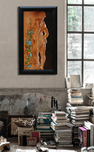 Such class!  Florentia classical painting of allegory female nude statue in the Palazzo Pitti with Florentine calligraphy fine art figurative oil painting framed in a loft studio library mockup.  Frame included