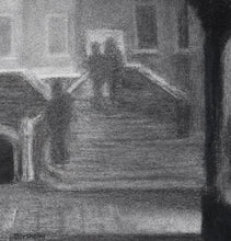 Laden Sie das Bild in den Galerie-Viewer, three figures in the fog are along the canal bridge in Venice, Italy, almost hidden in the fog
