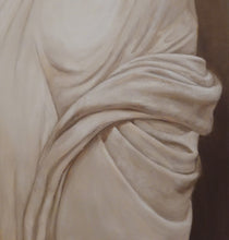 Load image into Gallery viewer, Detail of drapery in a monochrome, neutral warm light brown oil painting by Kelly Borsheim
