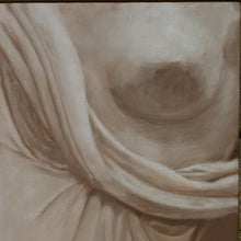 Load image into Gallery viewer, painting of a stone statue in Lucca, Italy, Tuscany.  This shows the exposed breast (minimal detail, thus tasteful nude art) and the drapery that flows around the woman&#39;s breast, oil painting by Kelly Borsheim
