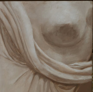 painting of a stone statue in Lucca, Italy, Tuscany.  This shows the exposed breast (minimal detail, thus tasteful nude art) and the drapery that flows around the woman's breast, oil painting by Kelly Borsheim