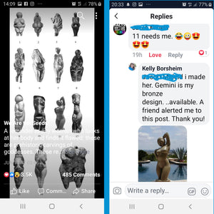 Funny...someone downloaded an image of Borsheim's voluptuous Gemini sculpture and included the image in a collection of ancient sculptures of women or goddesses.  The image was posted on Facebook page for We Are the Seeds and a man was one of the commenters who fell in love or lust with the contemporary sculpture.