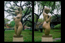 Cargar imagen en el visor de la galería, Two views to see the two faces of Gemini, a voluptuous female figure bronze garden sculpture by artist Kelly Borsheim, shown in San Antonio, Texas
