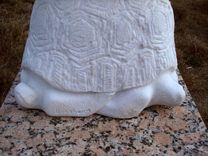Artist Signature Sea Turtle Heads Gymnast Pike Position on Four Headed Turtle Fantasy Figure Statue Marble