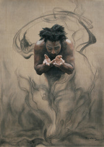 Face and Hands Dono The Gift Man Genie Holding out Hands to Give with Smoke around Capoeira Movement Drawing