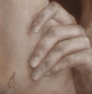 detail of woman's hand on hip with artist's logo in lower left corner, art by Kelly Borsheim