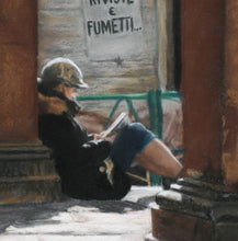 Load image into Gallery viewer, higher resolution detail of pastel drawing of girl reading in winter sun.  
