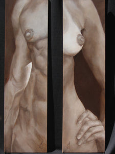 Beautiful pair of monochromatic paintings depicting a male torso and a female torso with a lovely hand on hip.  Sold together, or even separately.