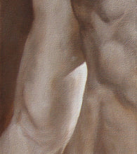 Load image into Gallery viewer, Detail of monochromatic sepia male torso with arm, oil painting of Lui (Him) by Kelly Borsheim 
