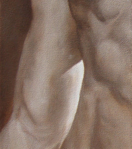 Detail of monochromatic sepia male torso with arm, oil painting of Lui (Him) by Kelly Borsheim 