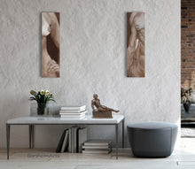 Laden Sie das Bild in den Galerie-Viewer, a lovely pair of body torsos, one male one female grace this loft style apartment as fine art original paintings pair, shown with small bronze male nude Eric, by artist Kelly Borsheim
