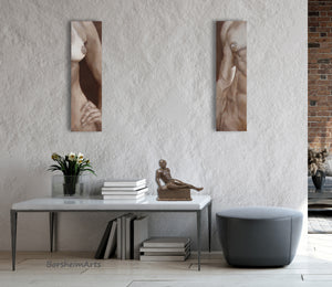 a lovely pair of body torsos, one male one female grace this loft style apartment as fine art original paintings pair, shown with small bronze male nude Eric, by artist Kelly Borsheim
