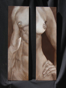 pair of sepia oil paintings of tall narrow nude torsos, one female, one male ~ great romantic gift for art lovers