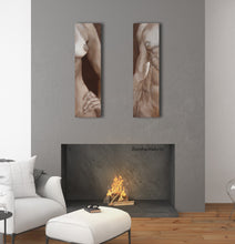 Load image into Gallery viewer, This pair of tall slender paintings in a warm brown monochrome grace a living room, shown here together over a fireplace mockup room art
