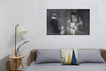Laden Sie das Bild in den Galerie-Viewer, Luminosity Diptych Painting Man Woman Candles Celtic Symbols Monochromatic  Diptych Painting displayed together over the bed in bedroom peaceful meditation prayer place
