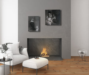 Another living room scene, with fireplace, with monochromatic set of two paintings are hung over the fireplace .. perfect neutral color room decor