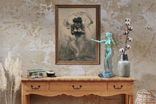 Laden Sie das Bild in den Galerie-Viewer, Sirenetta standing female bronze figure sculpture sitting on a side table room mockup, Little Mermaid Potion Made Legs of a Tail with gracefulness included in the spell, she seems to be a good host, arm extended to direct your eye to the pastel and charcoal drawing The Gift.   Home Decor with Fine Art by Kelly Borsheim

