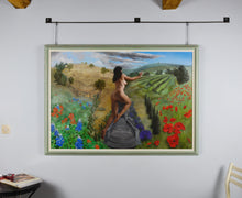 Cargar imagen en el visor de la galería, Persephone framed size comparison painting size 90 x 130 cm [about 35 x 51 in], white wood mat, wiht a light green wooden frame.  hooks are closer to each end at the top back of the frame
