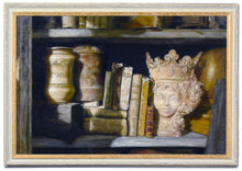 Load image into Gallery viewer, Queen of the Shelf tattered books jars statue Realism Original Still Life Oil Painting Framed on wall with wood and marble textures too, shown here with white wood distressed frame with gold inner lining
